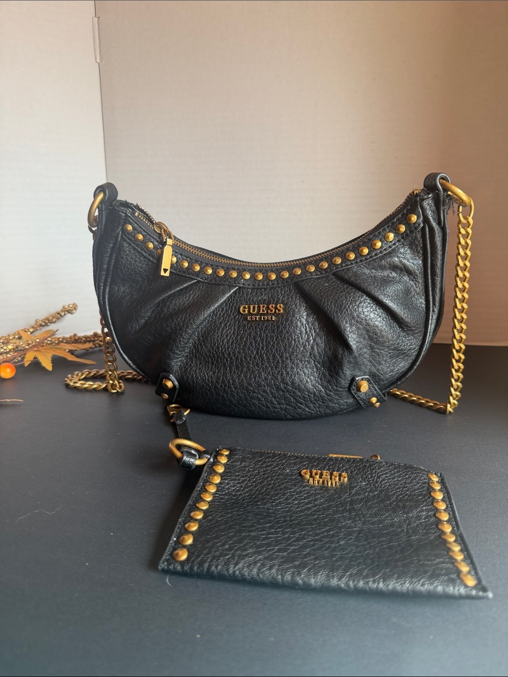 GUESS Black Shoulder Bag with Gold Accents
